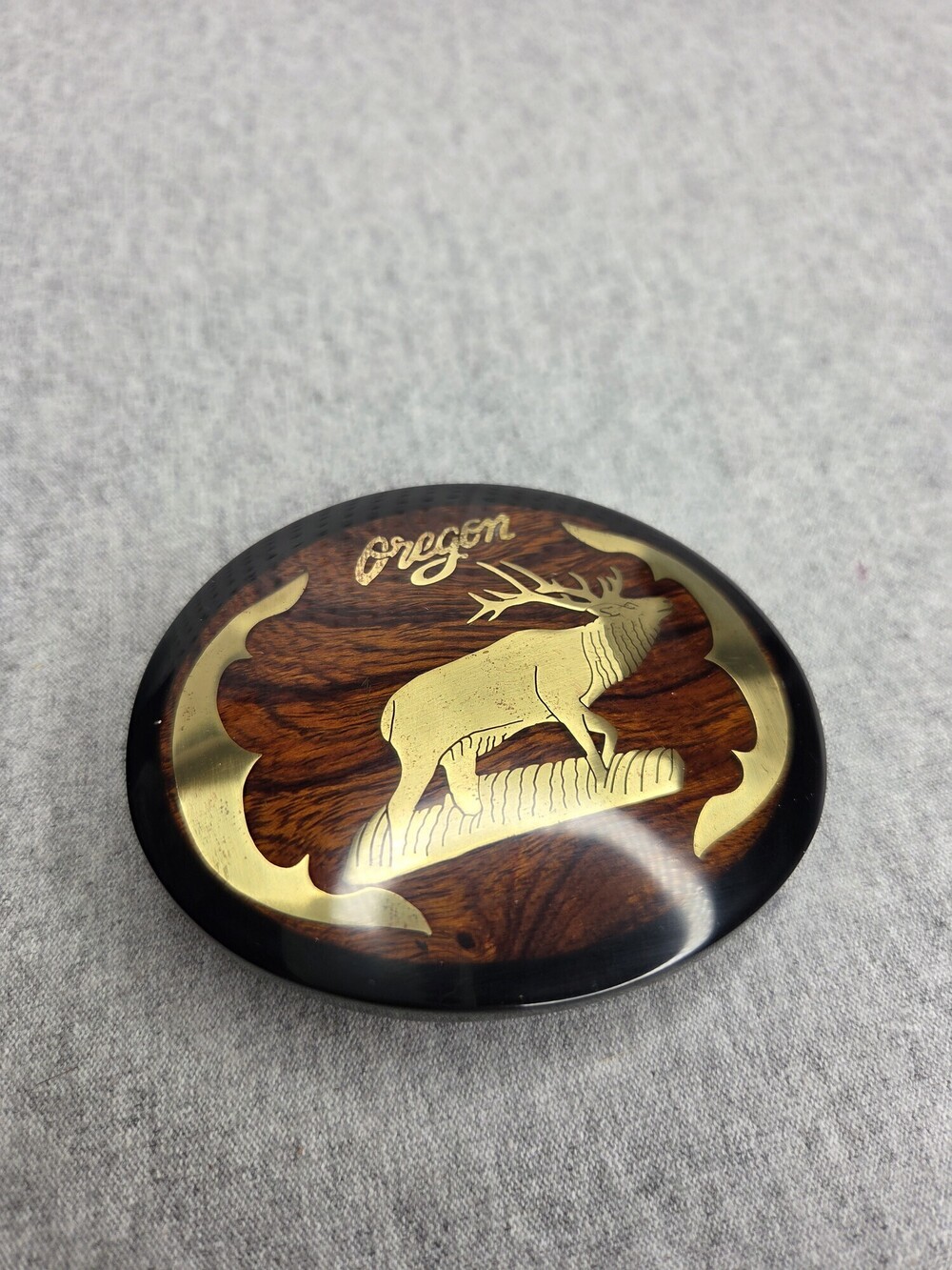 Vintage 1980s Oregon Elk Inlay Belt Buckle Artisan Handmade Woodgrain Gold
